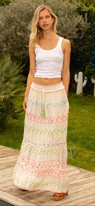 Neon multicoloured embroidered boho summer maxi skirt with shirred waistband and tassels 