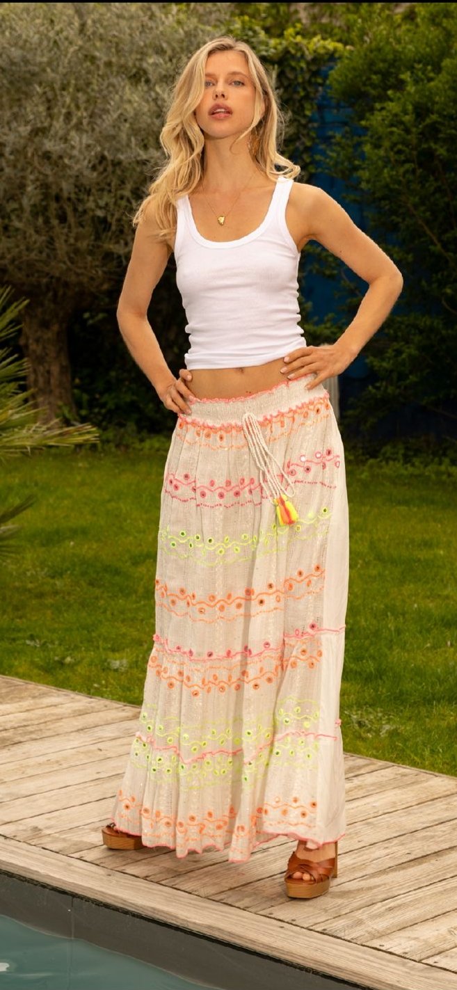 Boho neon hand emboidered maxi skirt with elasticated waist and tassels 