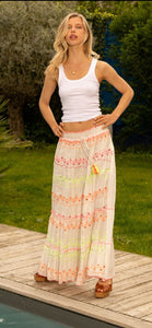 Boho neon hand emboidered maxi skirt with elasticated waist and tassels 