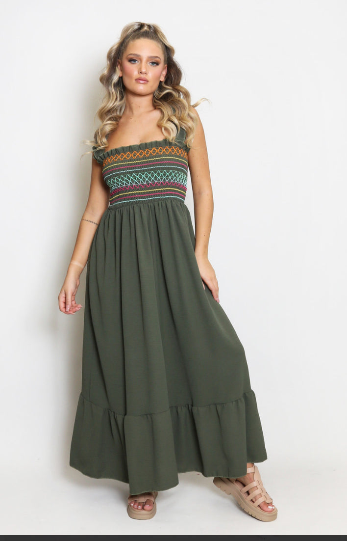 Model in khaki strappy summer maxi dress with multicoloured shirring detail on bodice 