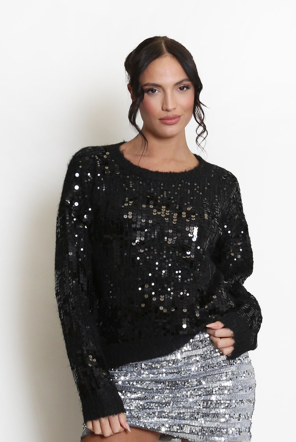 black fluffy knit jumper with black sequins on arms and front 