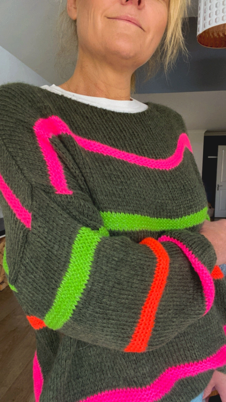 Neon Stripe Jumper - Khaki