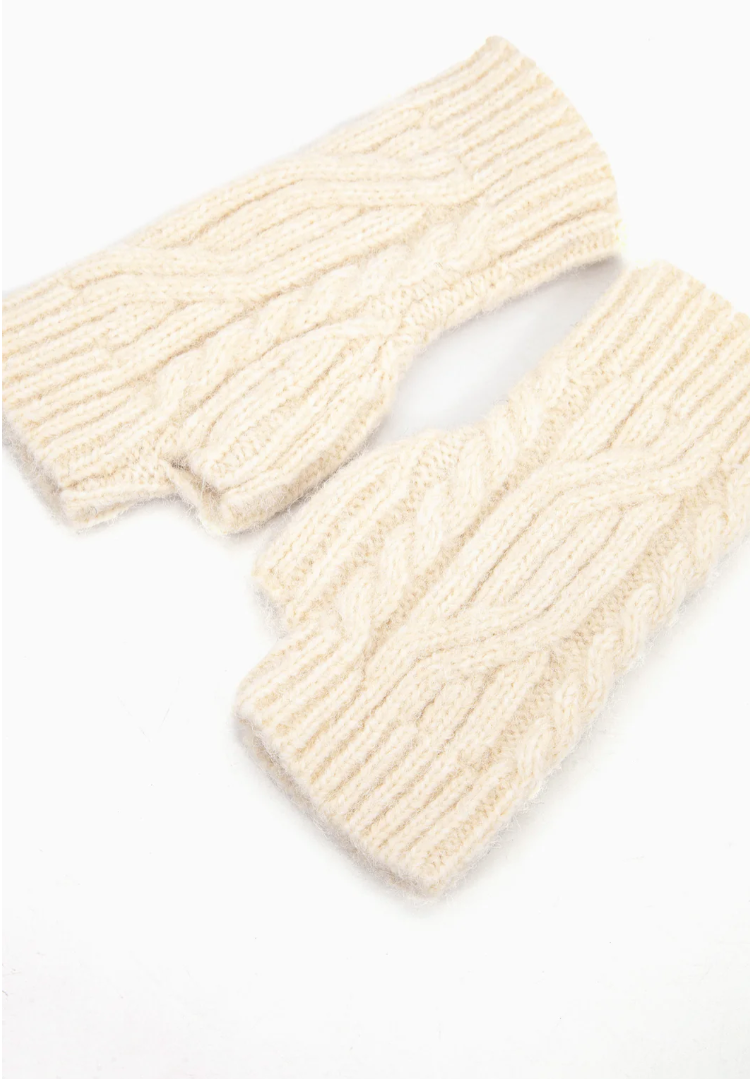 cable knit cream wrist warmers with thumb hole 