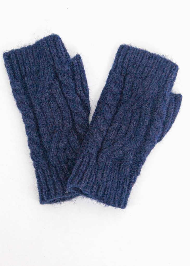 cable knit wrist warmers with thumb hole in navy blue 