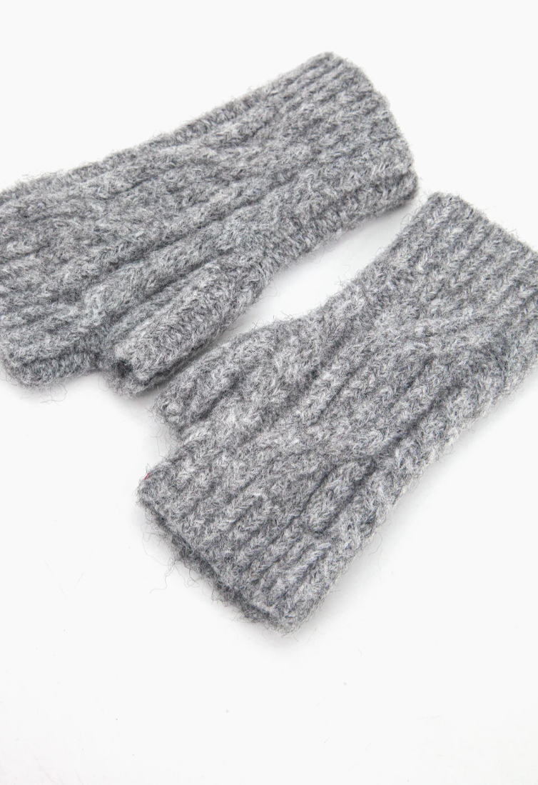 cable knit wrist warmers with thumb hole in mid grey 