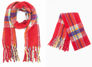 red and blue check blanket winter scarf with tassels