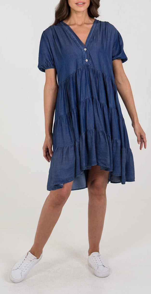 denim jean blue tiered boho smock dress